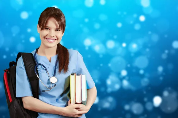 Attractive Young Female Doctor Blurred Hospital Interior Background — Stock Photo, Image