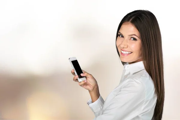 Happy Volwassen Senior Vrouw Holding Smartphone Met Behulp Van Mobiele — Stockfoto