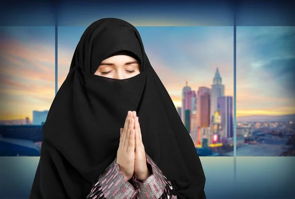 Mysterious Middle Eastern Woman Praying Black Background — Stock Photo, Image