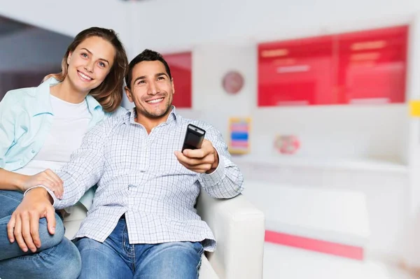 Excited Millennial Husband Wife Relax Couch Watching — Stock Photo, Image