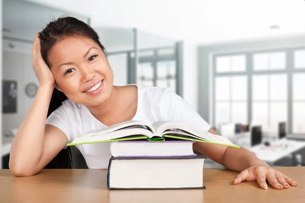 Pretty Woman Student Stack Book Office Background — Stock Photo, Image