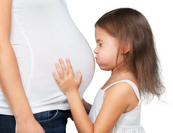 Niño Feliz Sosteniendo Vientre Madre Embarazada —  Fotos de Stock