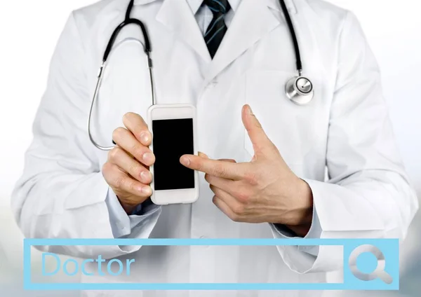 Close Male Doctor Pointing Smartphone — Stock Photo, Image