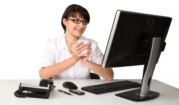Woman Working Office Computer — Stock Photo, Image