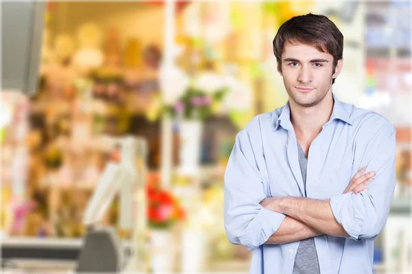 Smiling Handsome Customer Supermarket Background — Stock Photo, Image