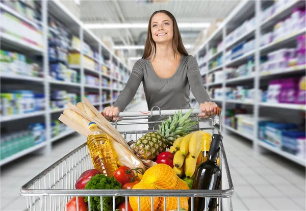 Happy Woman Walks Mall Supermarket Cart Stock Picture