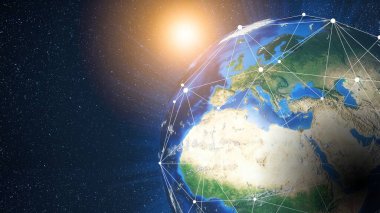 Dünya gezegeni karanlık arka planda dijital bağlantılarla kaplı..