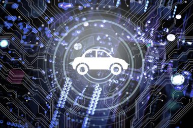 Bir bilgisayar devre kartı ve bir araba çipi simgesini temsil eden bir çizim.