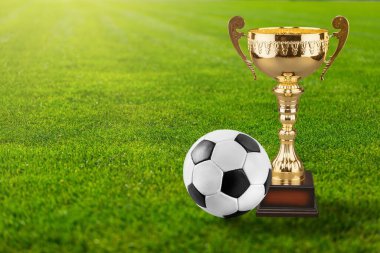 Futbol stadyumunun yeşil çimlerinde şampiyonluk kupası.