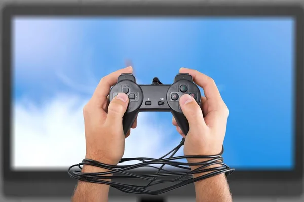 Human Hand Holding Game Controller Blurred Background Screen — Stock Photo, Image