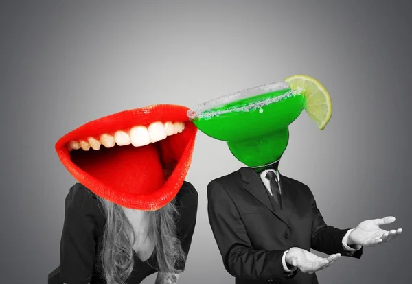 Couple Headed Tasty Cocktail Big Female Mouth Pastel Background — Stock Photo, Image