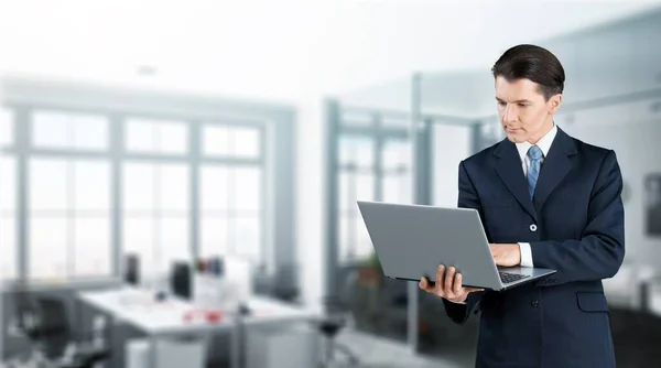 Nice Attractive Focused Guy Employee Using Laptop Computer — Stock Photo, Image