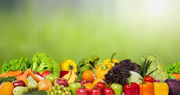 Panorama Frukter Grönsaker Bär Grön Suddig Bakgrund — Stockfoto
