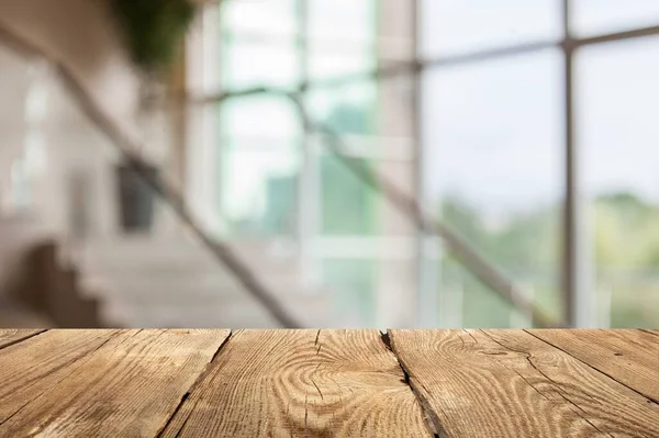 Empty Wooden Table Top Lights Blur Restaurant Background — Stock Photo, Image