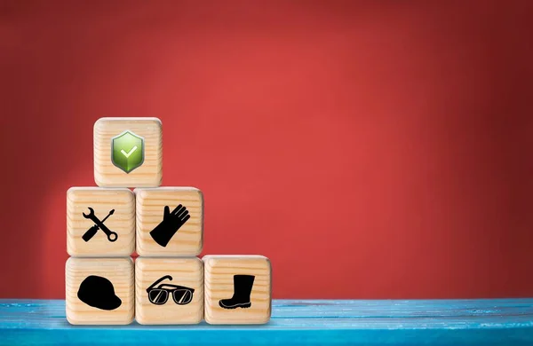 Safety Work Concept Cubes Wooden Block Safety Icons — Stock Photo, Image