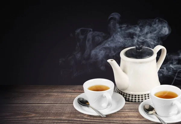 Caliente Aromático Hierbas Taza Vidrio Escritorio Madera —  Fotos de Stock