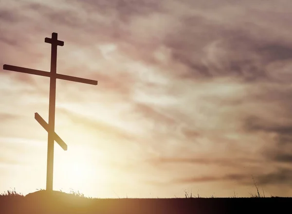 Cruz Madera Cristiana Colina Aire Libre Amanecer Resurrección Jesús — Foto de Stock