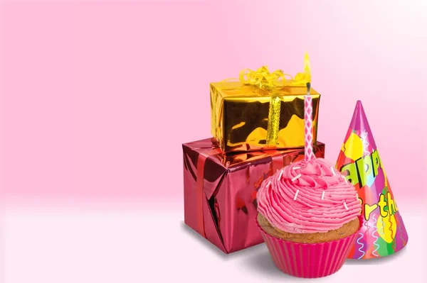 Γλυκό Cupcake Γενεθλίων Κερί Δώρο Γενεθλίων Και Καπέλο Κόμμα Στο — Φωτογραφία Αρχείου