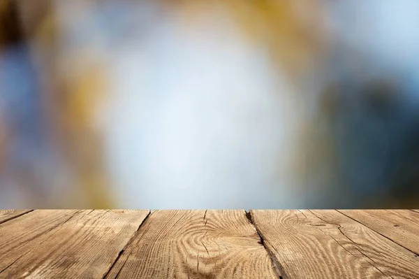 Empty Wooden Table Top Lights Blur Restaurant Background — Stock Photo, Image