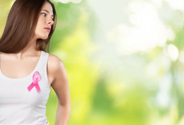 Cancer Awareness Month Woman Colored Ribbon Supporting People — Stock Photo, Image