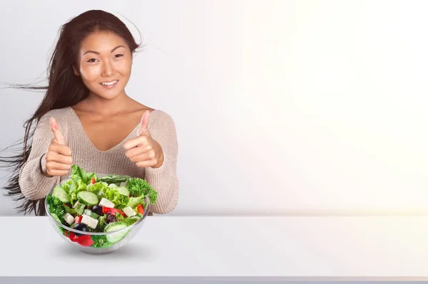 Portrait Happy Pretty Young Woman Eating Fresh Salad Bowl — Stock Photo, Image