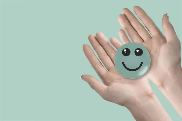 Hand Holding Green Icon Smile Face Positive Thinking Mental Health — Stock Photo, Image