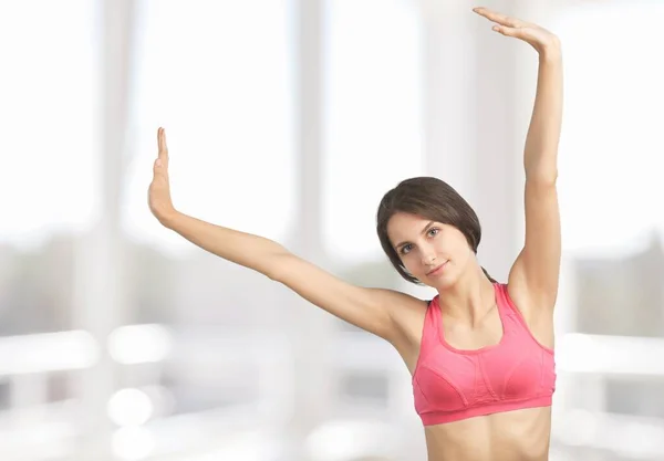 Giovane Donna Felice Che Stretching Assistenza Sanitaria Cura Del Corpo — Foto Stock
