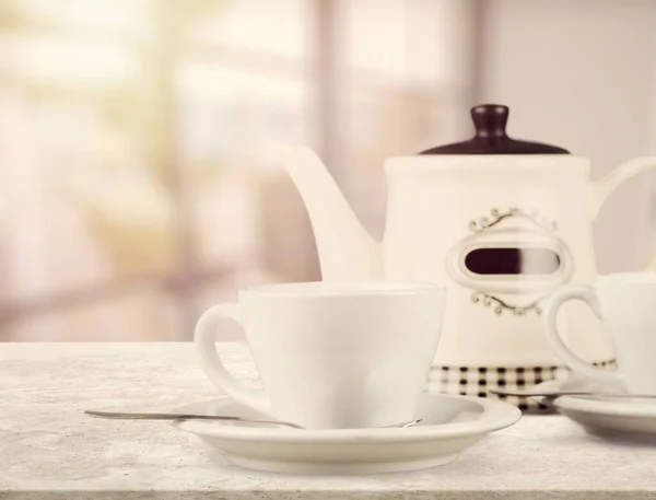 Chá Ervas Com Xícaras Chá Branco Bule Uma Mesa Cozinha — Fotografia de Stock