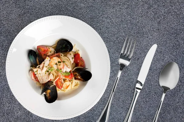 Pasta Seafood Vegetables Plate — Stock Photo, Image