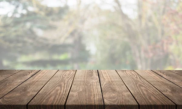 背景にブルーガーデンと空白の空のテーブルトップ — ストック写真