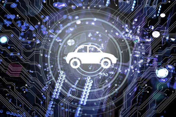 Bir bilgisayar devre kartı ve bir araba çipi simgesini temsil eden bir çizim.