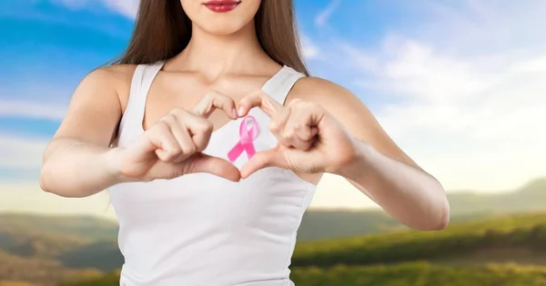 Cancer Awareness Month Woman Colored Ribbon Supporting People — Stock Photo, Image