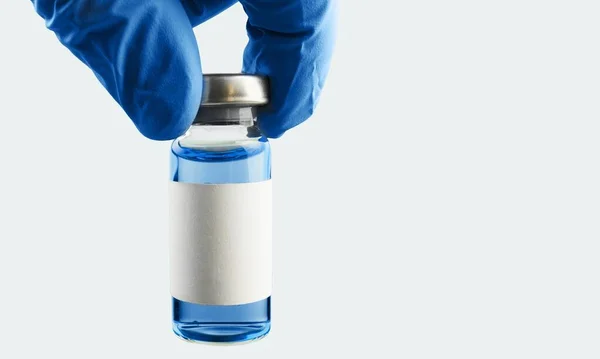 Ett Covid Vaccin Med Läkarens Hand Håller Flaska Med Ett — Stockfoto