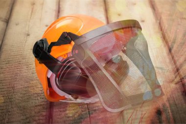 Ahşap bir arka planda koruyucu maske ve eldivenler