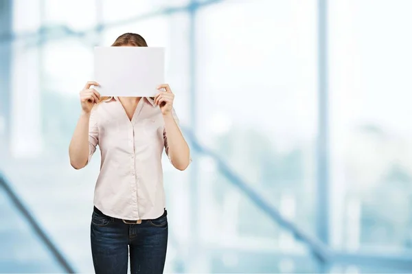 Woman Holding Picture Big Smile Concept Photo Dark Background — Stock Photo, Image