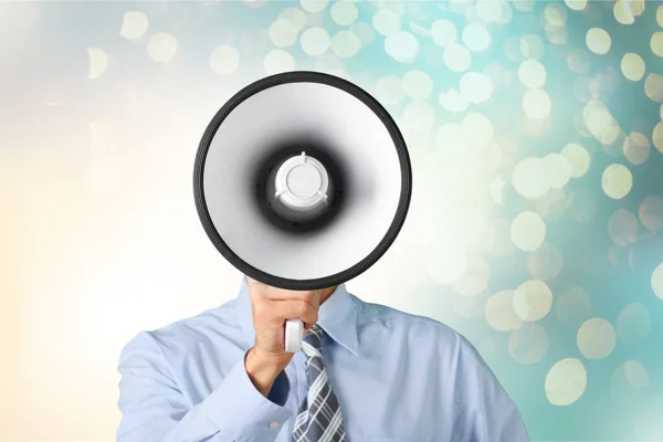 Businessman Megaphone Blue Background — Stock Photo, Image