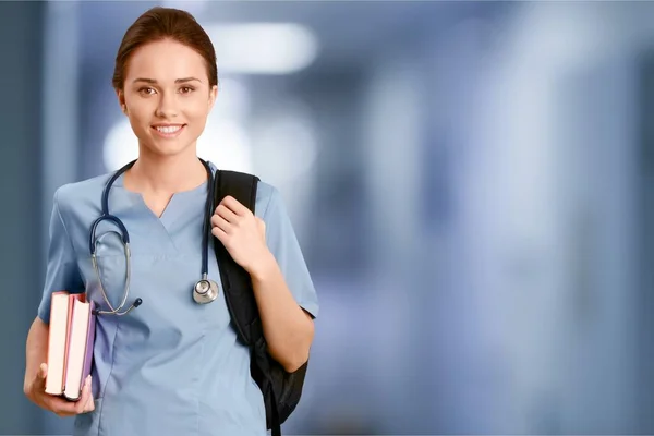 Krankenschwester Mit Büchern Und Stethoskop — Stockfoto