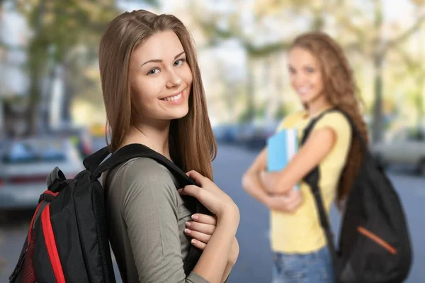 Beautiful Woman Student Backpack Background — Stock Photo, Image
