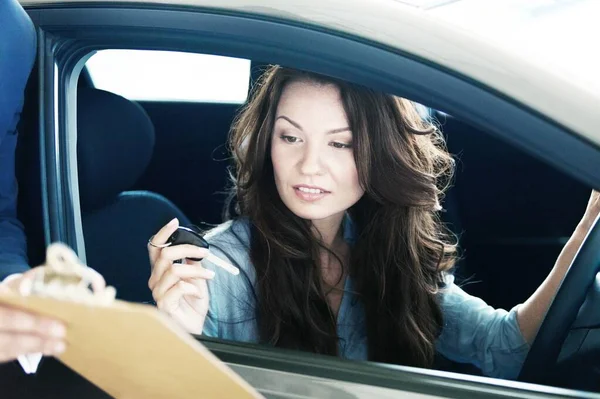 Young Attractive Woman Sitting New Car — Stock Photo, Image