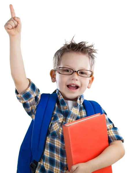 Rapaz Inteligente Feliz Copos Com Uma Bolsa Escola — Fotografia de Stock