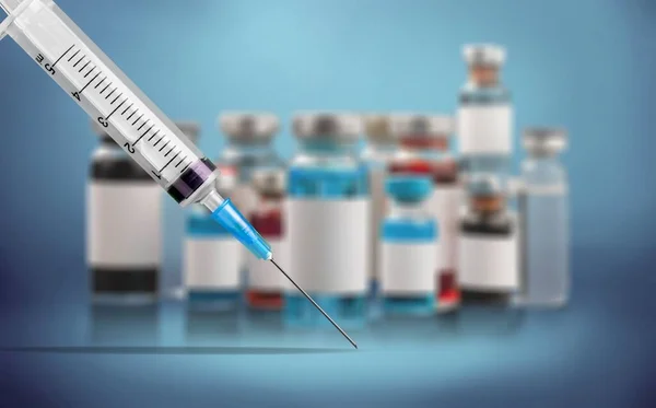 Covid Aşı Şişesi Masanın Üzerinde Şırınga Var — Stok fotoğraf