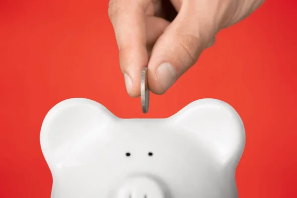 Saving Money Concept Human Hand Put Money Piggy Bank — Stock Photo, Image