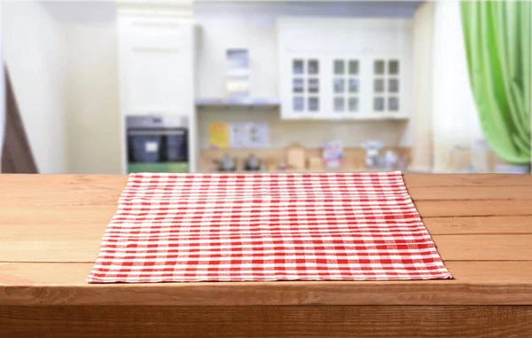 Mesa Madera Vacía Con Mantel Sobre Fondo Cocina Bokeh — Foto de Stock