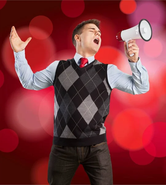 Portrait Young Man Shouting Loudly Using Megaphone — Stock Photo, Image