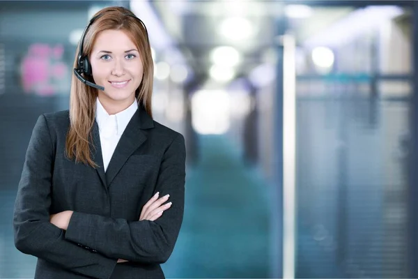 Mooi Zakenvrouw Portret Met Headset Geïsoleerd — Stockfoto