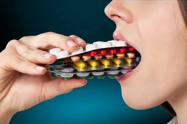 Girl Eating Lots Pills Background — Stock Photo, Image
