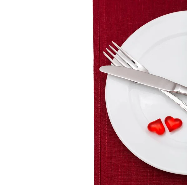 Red Hearts Plate Knife Fork — Stock Photo, Image