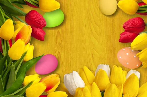 Easter Floral Background Various Eggs Colorful Flowers — Stock Photo, Image