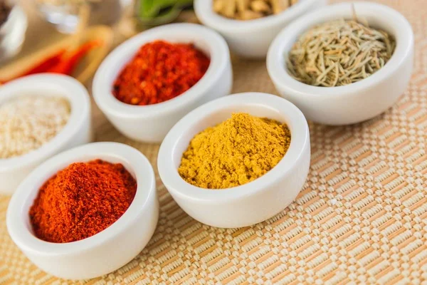 Spices Herbs White Bowls — Stockfoto