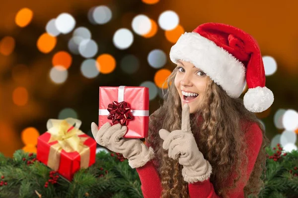 Attractive Young Woman Sweater Red Gift Box — Stock Photo, Image